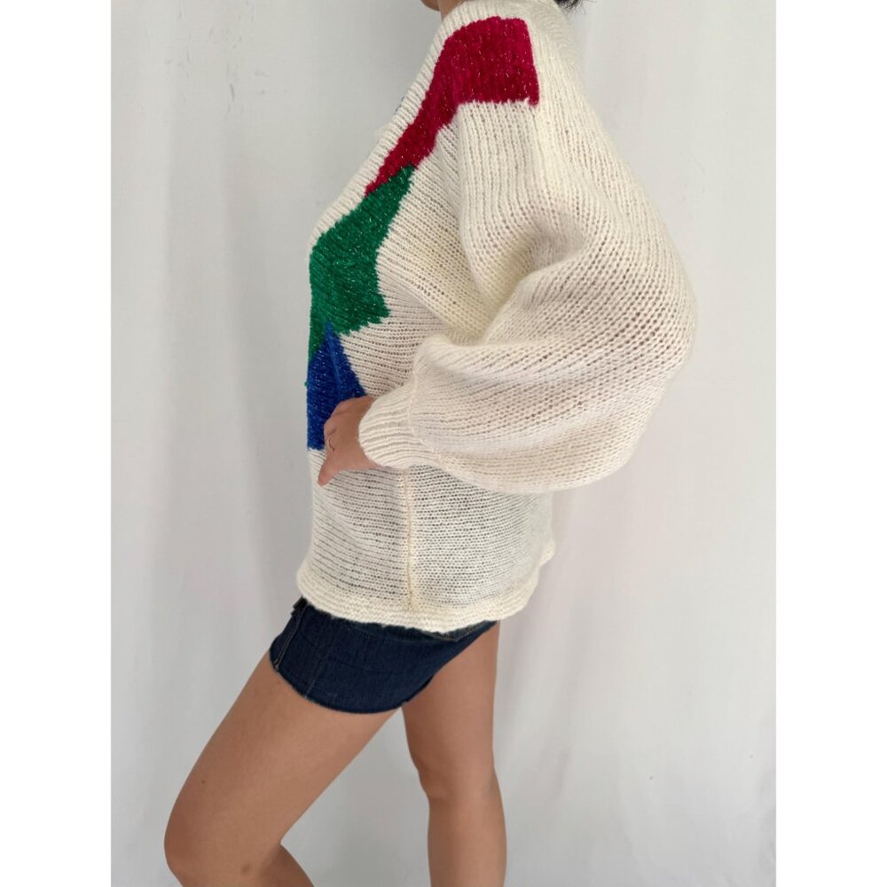 80s vintage colorful sparkly floral abstract print knit sweater with pom poms - Picture 4 of 10
